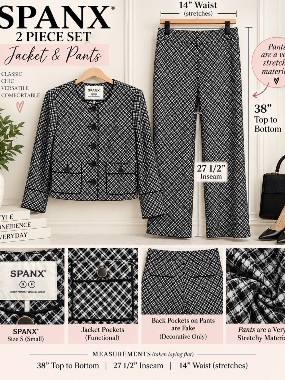 SPANX Jacquard Ponte Plaid Jacket & Wide Leg Pants Set Size S